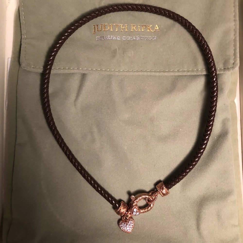 Judith Ripka Brown Leather Necklace w/ Heart Charm